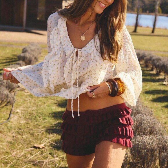 Multicolor Boho Women's Ruffled V-Neck Long Sleeve Front Tie Blouse - Picture 6 of 8